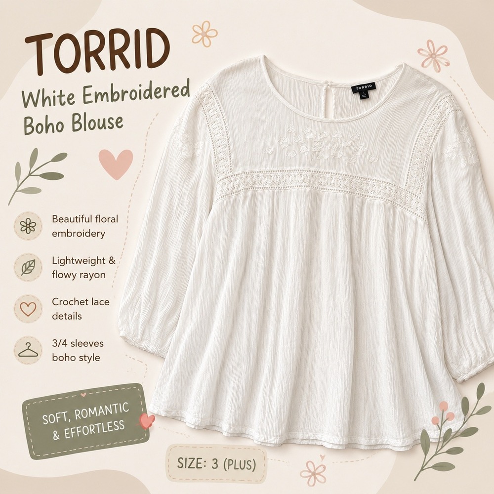 Torrid White Floral Embroidered Boho Lace Trim Crinkle Gauze Blouse Plus Size 3